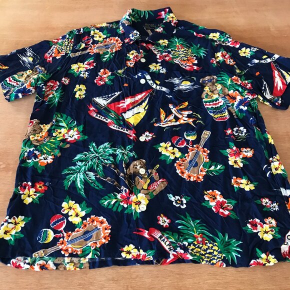 VTG Polo Ralph Lauren Classic Fit Hawaiian Shirt Men XL Blue Polar Bear Floral - Picture 1 of 13